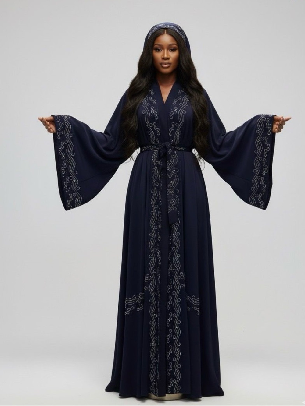 Elegant Navy Embroidered Long Sleeve Maxi Dress